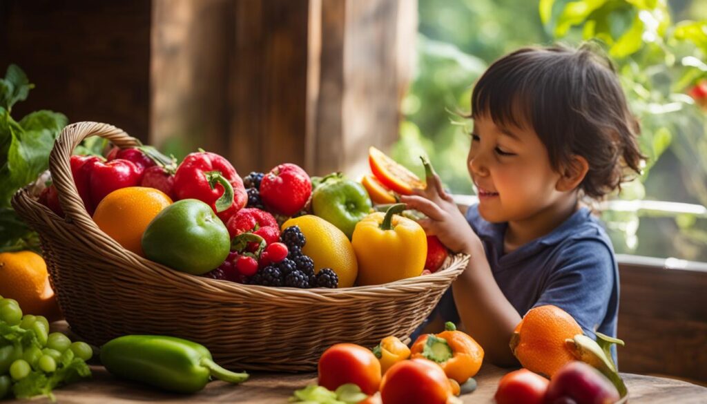 Child choosing fruits from a basket